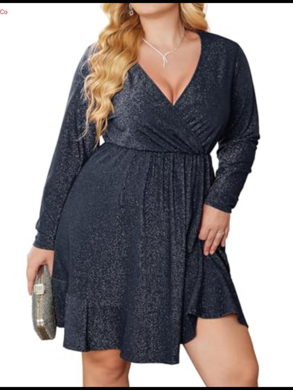 Plus Size Glitter Midi Dress Long Sleeve V Neck Ruffle Hem Cocktail Party